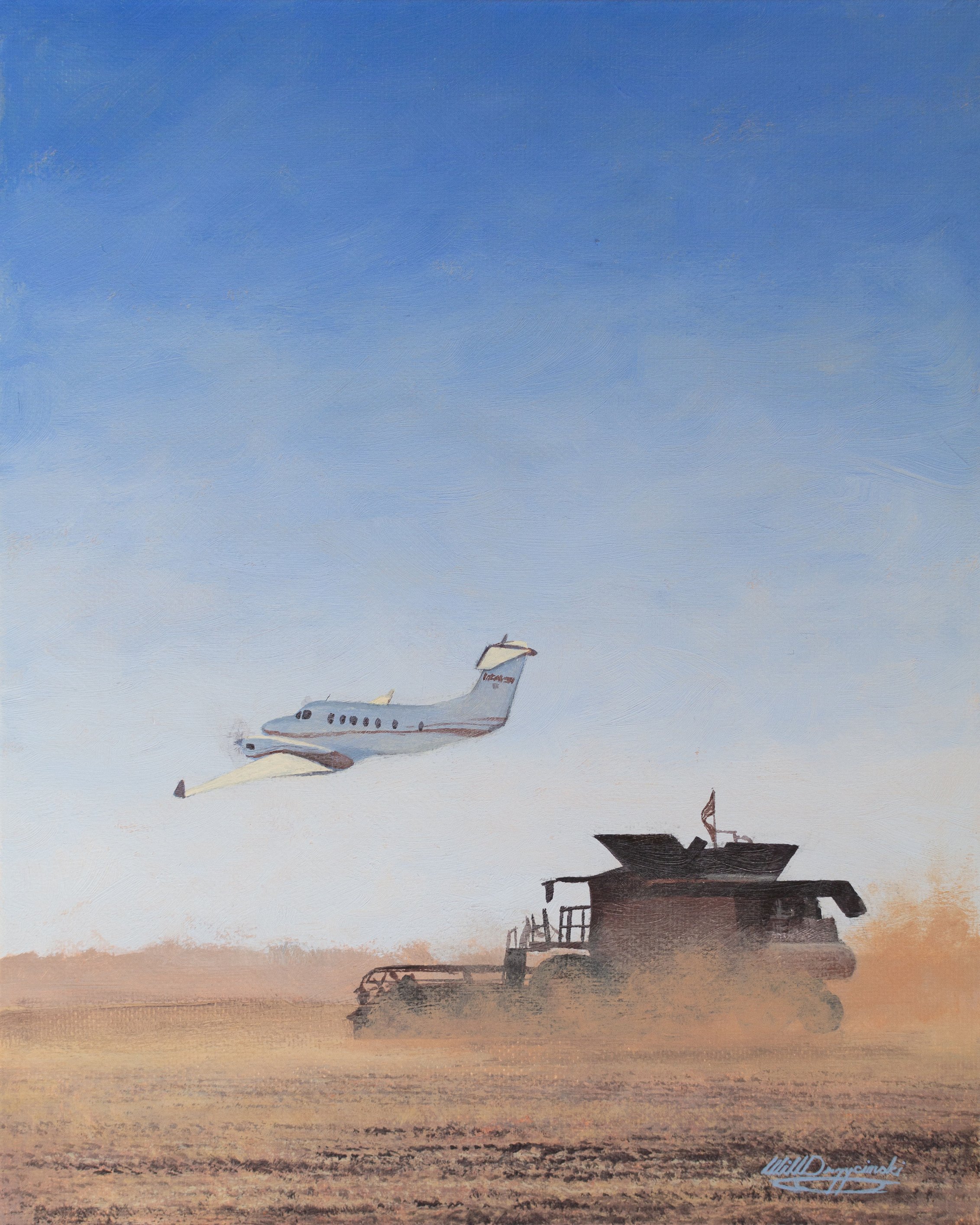 airplane buzzing dusty working combine