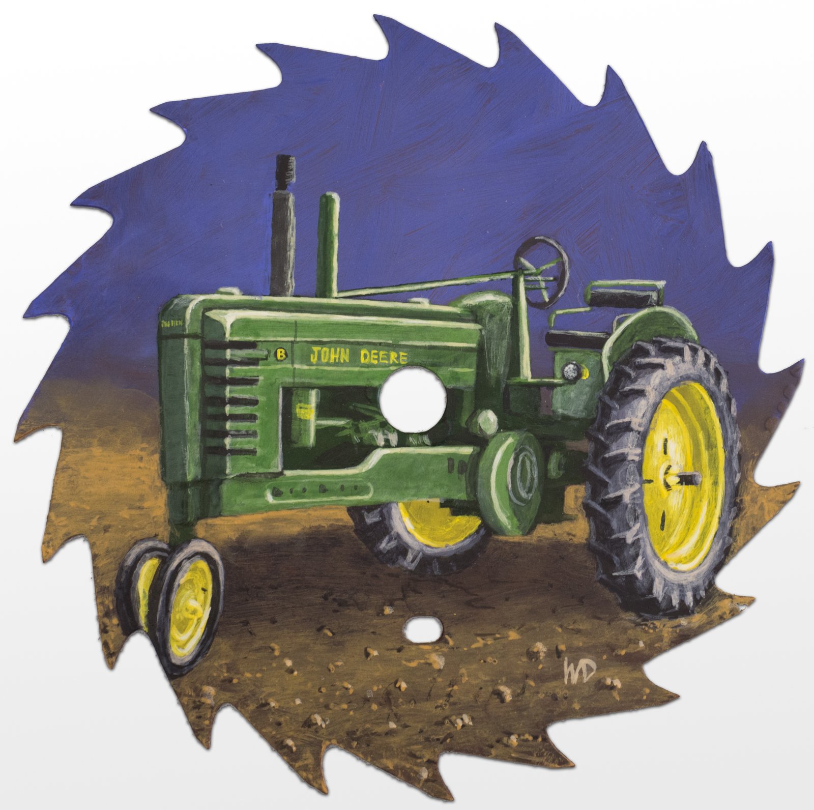 green John Deer tractor sitting on dirt painting on sawblade