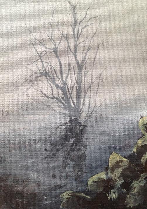 foggy day rocks lonely bare tree in water