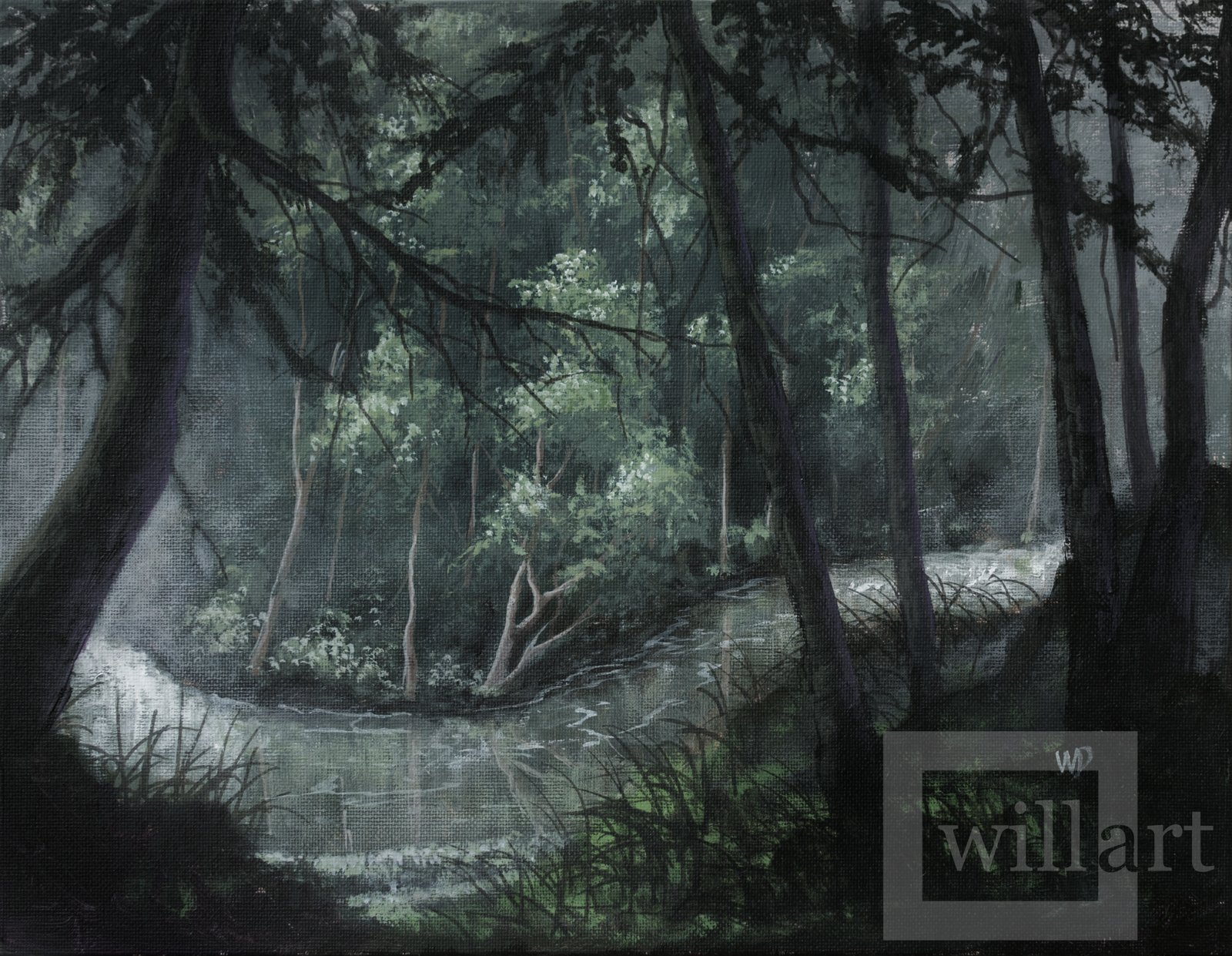dark pine forest moonlit river water