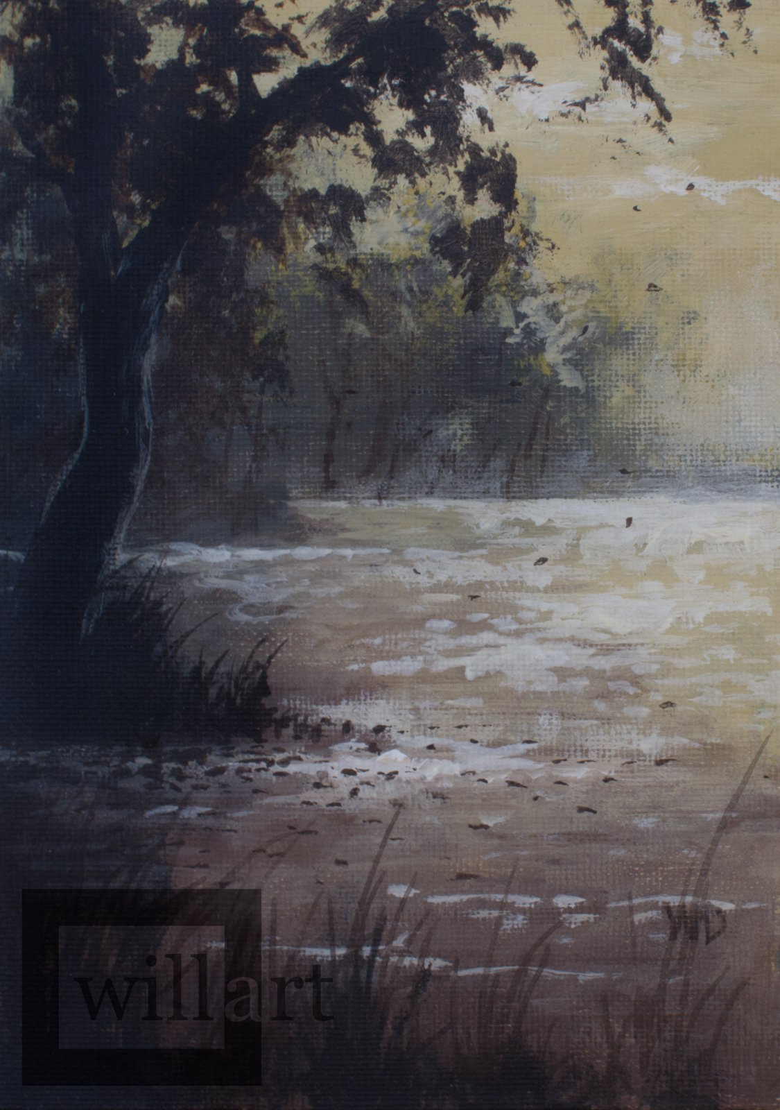 leaning tree drops leaves into placid river water light on ripples