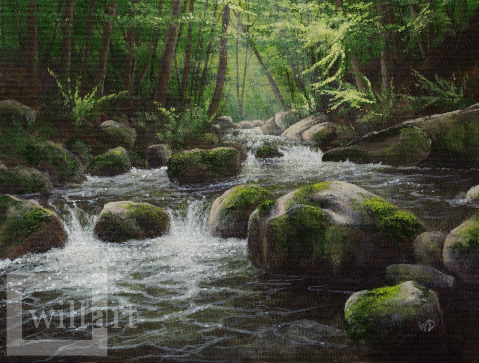 sun through green leaves trees over rushing stream mossy rocks and white water