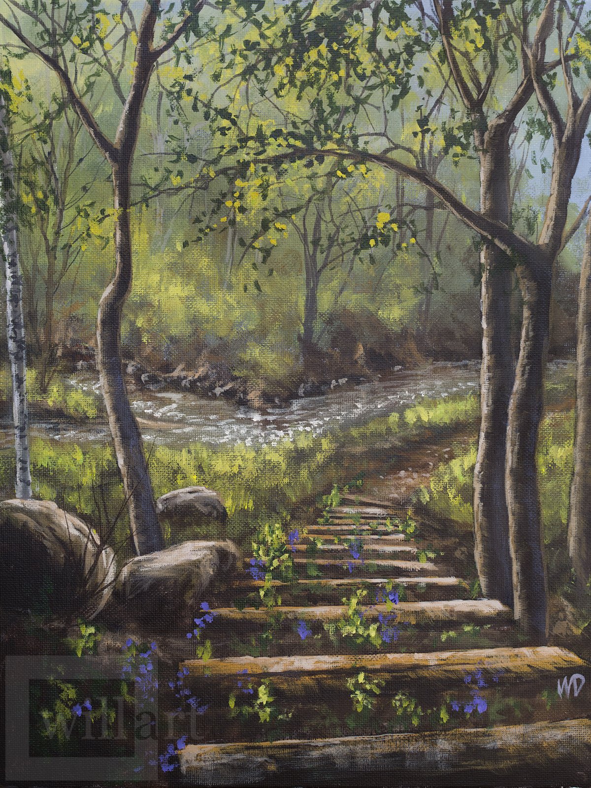 wooden steps leading down to creek blue purple flowers thin trees