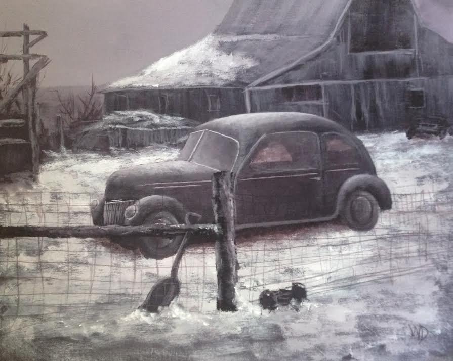snowy day small car and big barn shovel leaning on woven wire fence