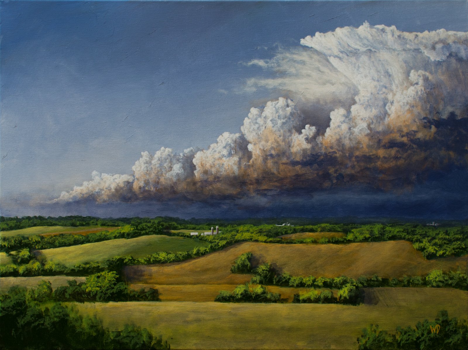wide landscape rolling hills and fields white clouds blue sky