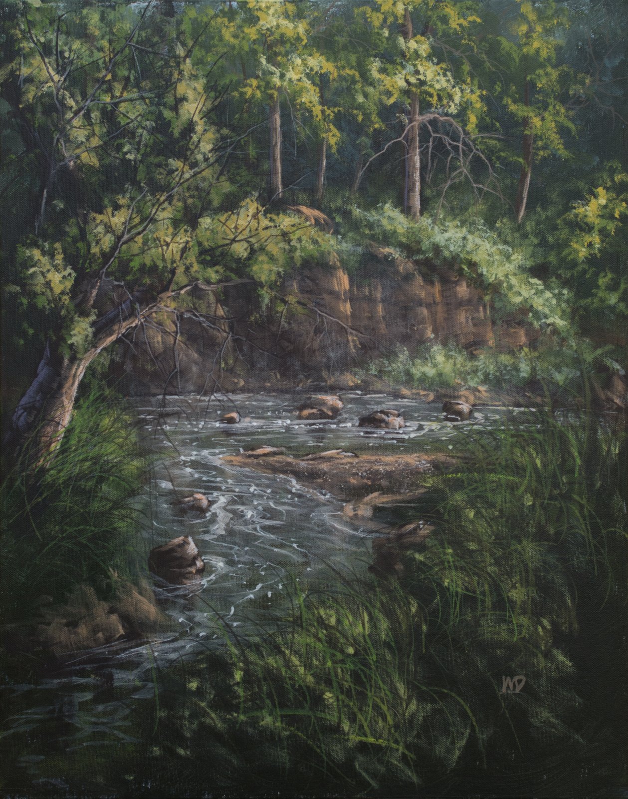 green grassy steep bank with trees over lazy stream of water