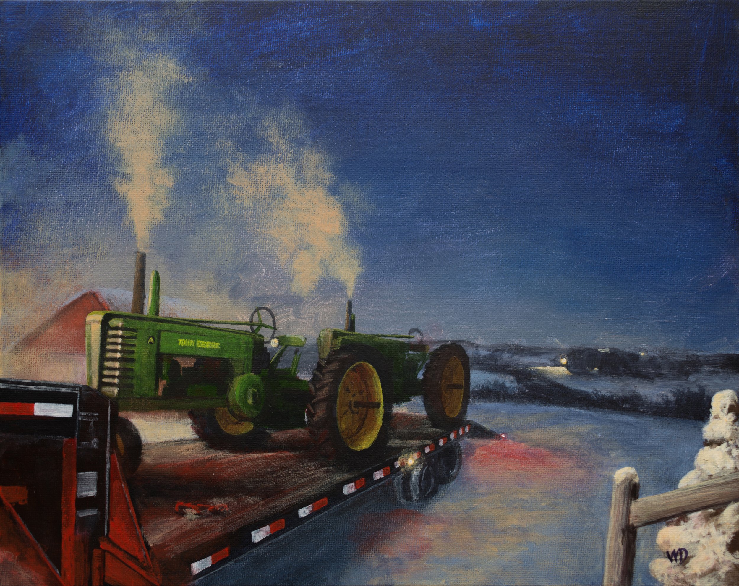 john deer tractors on gooseneck trailer snowy night cloudy exhaust