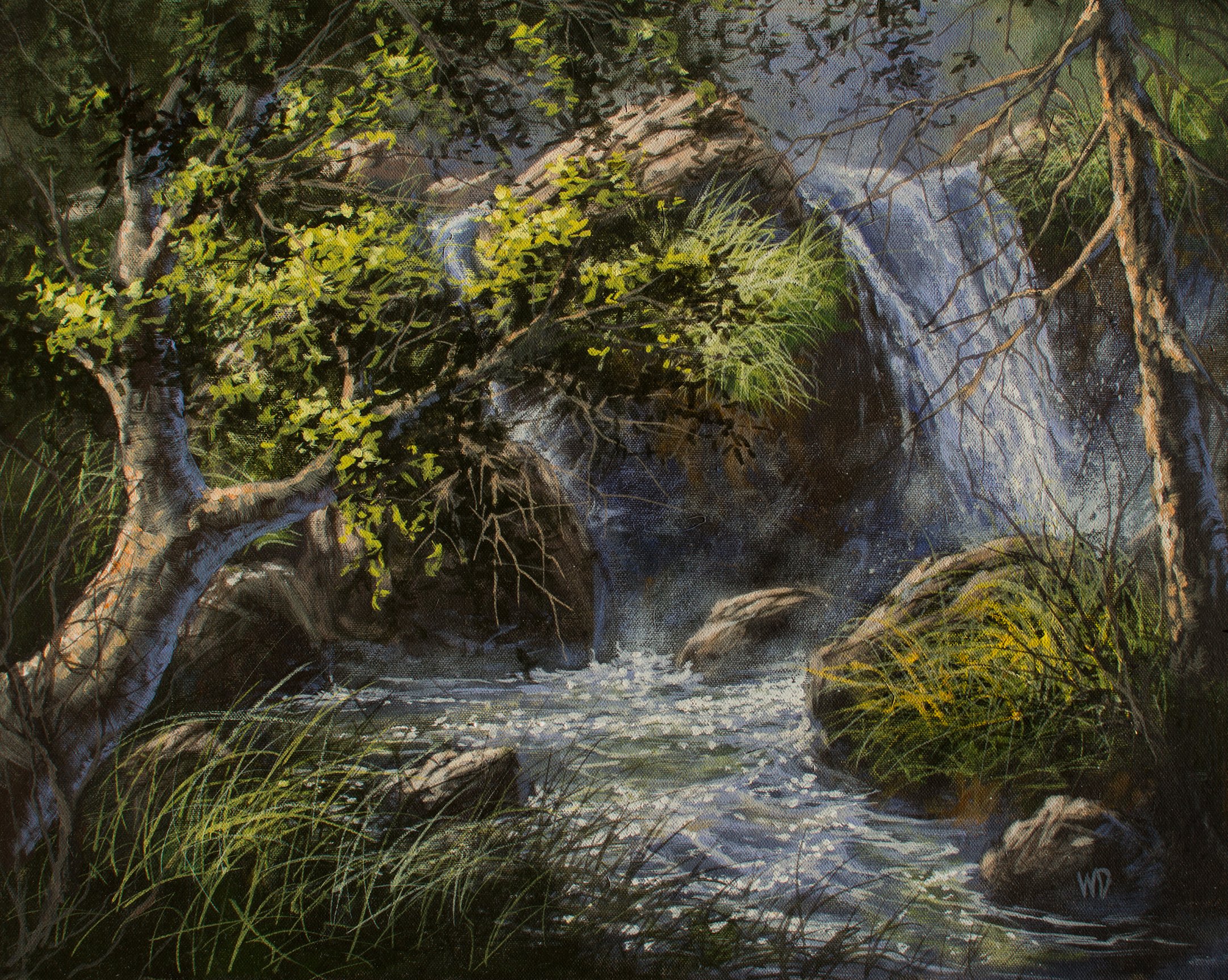 rushing stream over grass and rocks water fall green tree