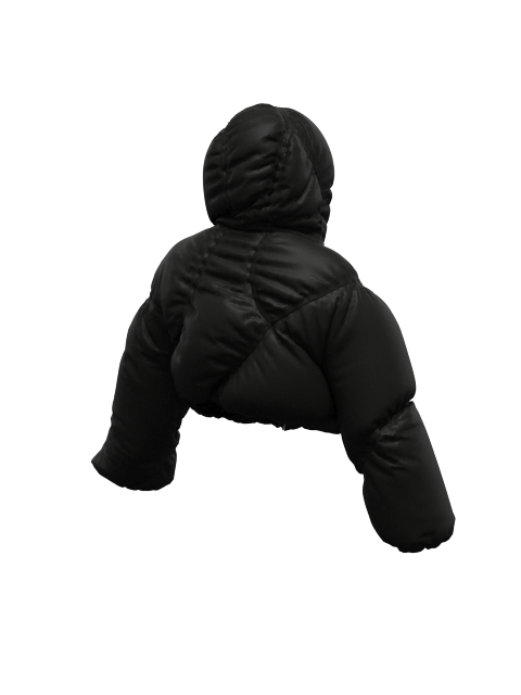 Person wearing black puffer jacket, black patterned pants, black boots, pink goggles, and a black hooded headpiece, posing against a white background.