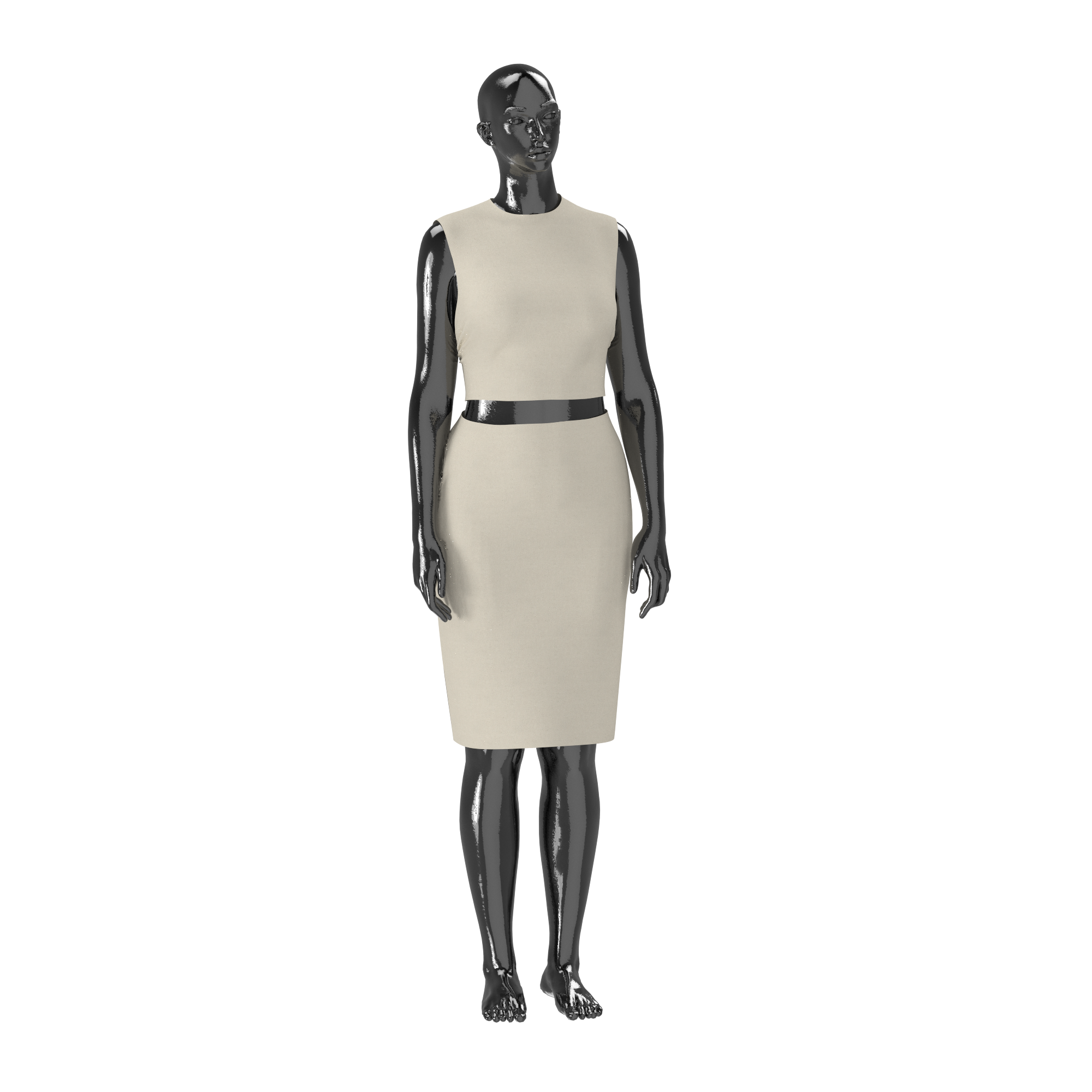 Black pants with white stitching and a black waistband with a buckle.