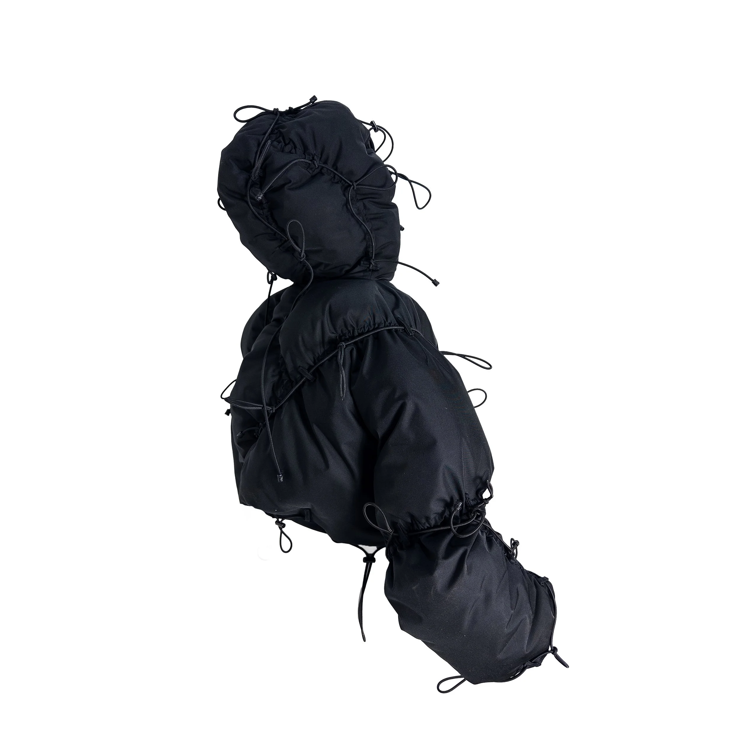 Black pants with white stitching and a black waistband with a buckle.