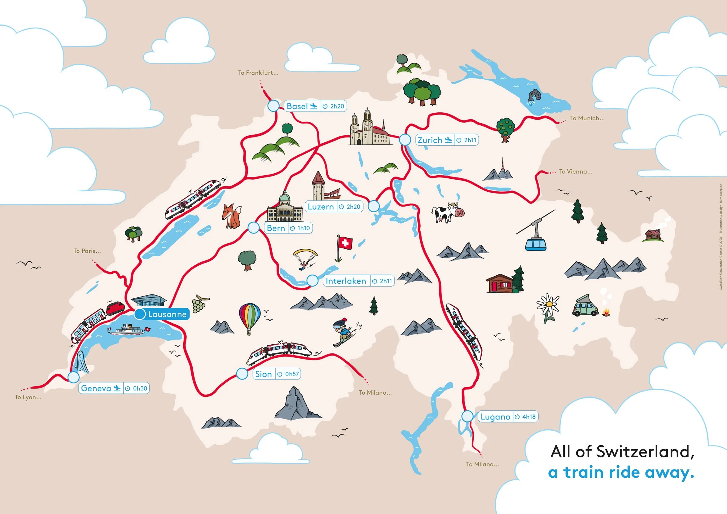 Carte illustrée de la mobilité douce pour le Swiss Tech Convention Center de Lausanne. Vue au niveau suisse.