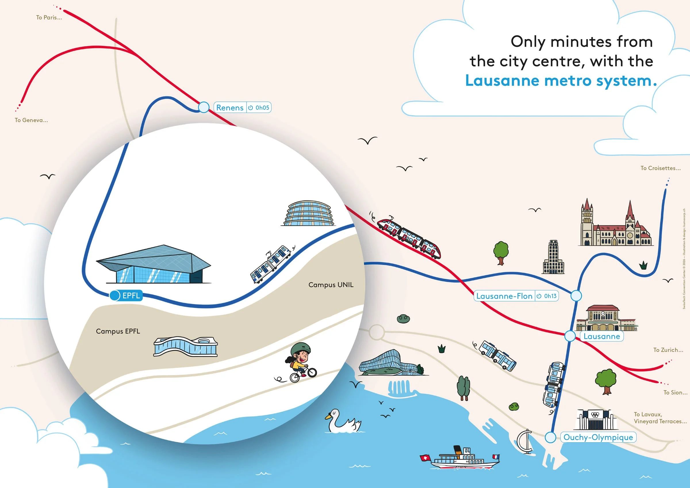 Carte illustrée de la mobilité douce pour le Swiss Tech Convention Center de Lausanne. Vue au niveau régional.