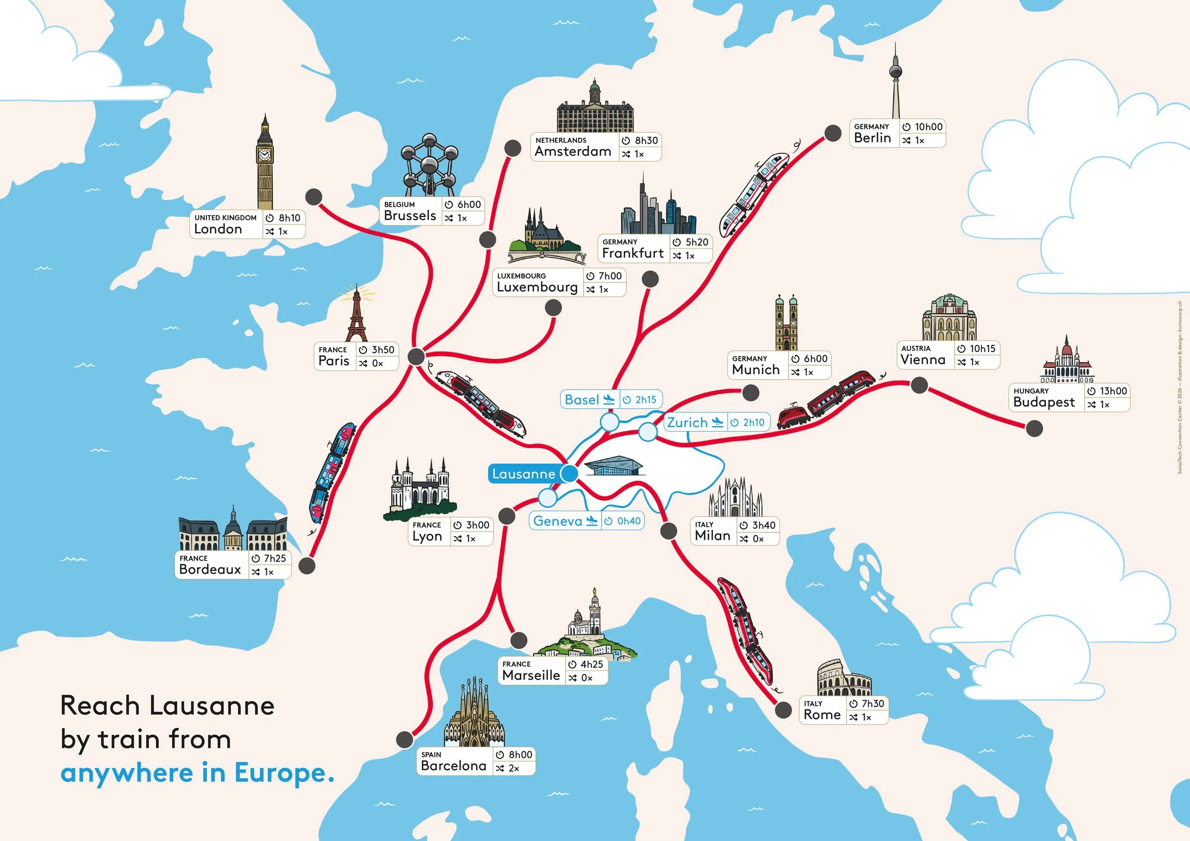 Carte illustrée de la mobilité douce pour le Swiss Tech Convention Center de Lausanne. Vue au niveau européen.