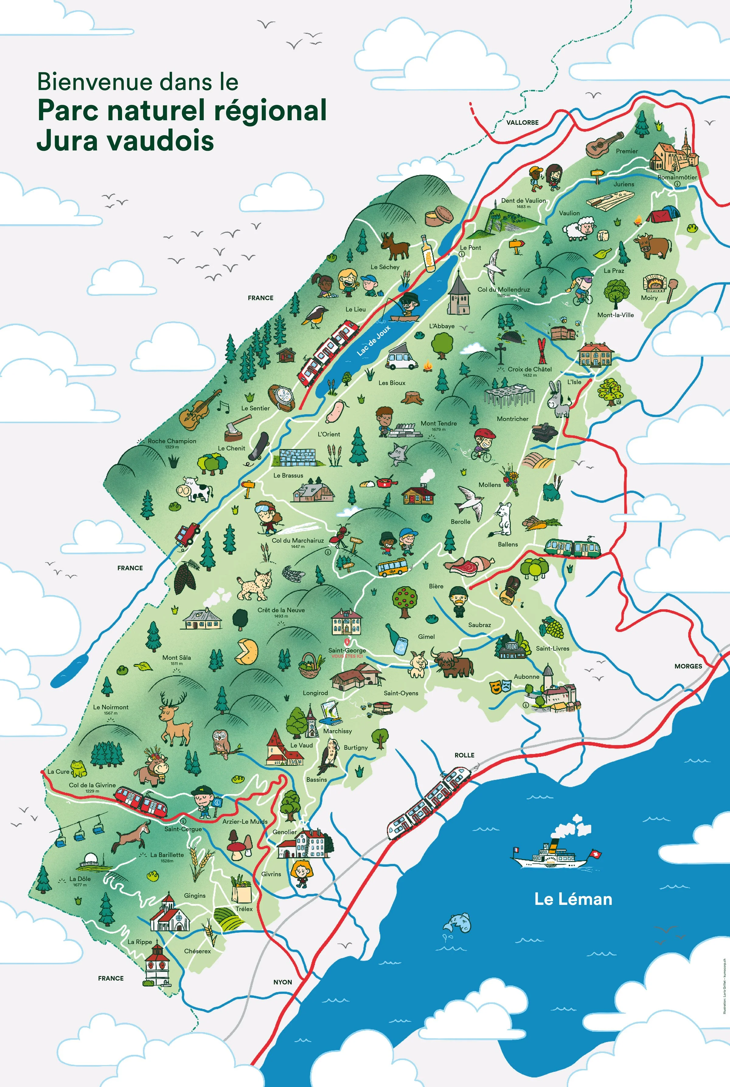 Carte illustrée du parc régional du Jura vaudois.