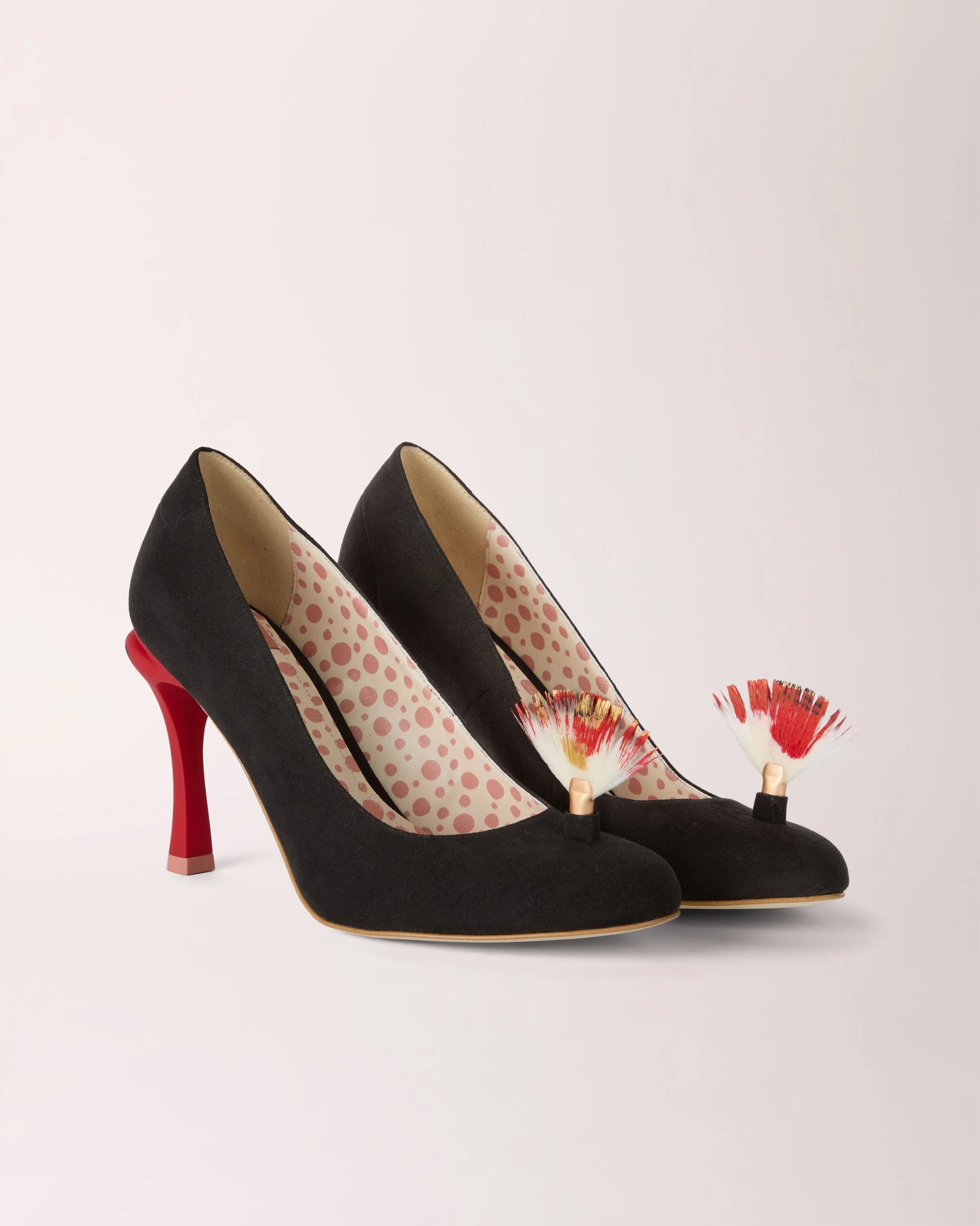 Mohawk Cheeletto in black with red fan detail, front view — luxury handcrafted heels by Cheetah Stories