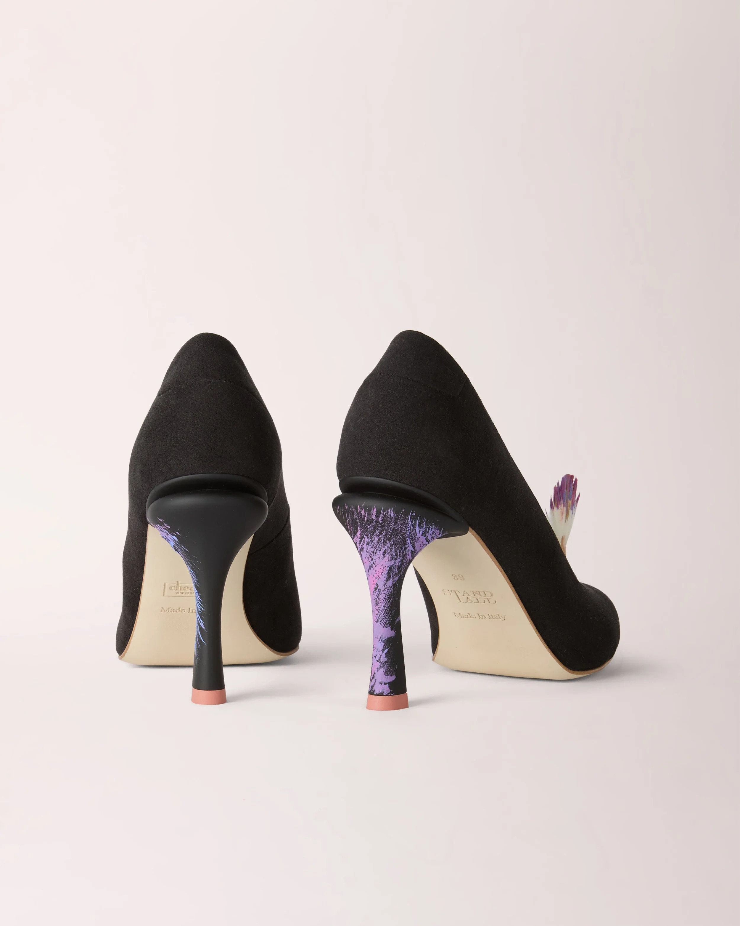 Mohawk Cheeletto in black with purple fan detail, back view — luxury handcrafted heels by Cheetah Stories