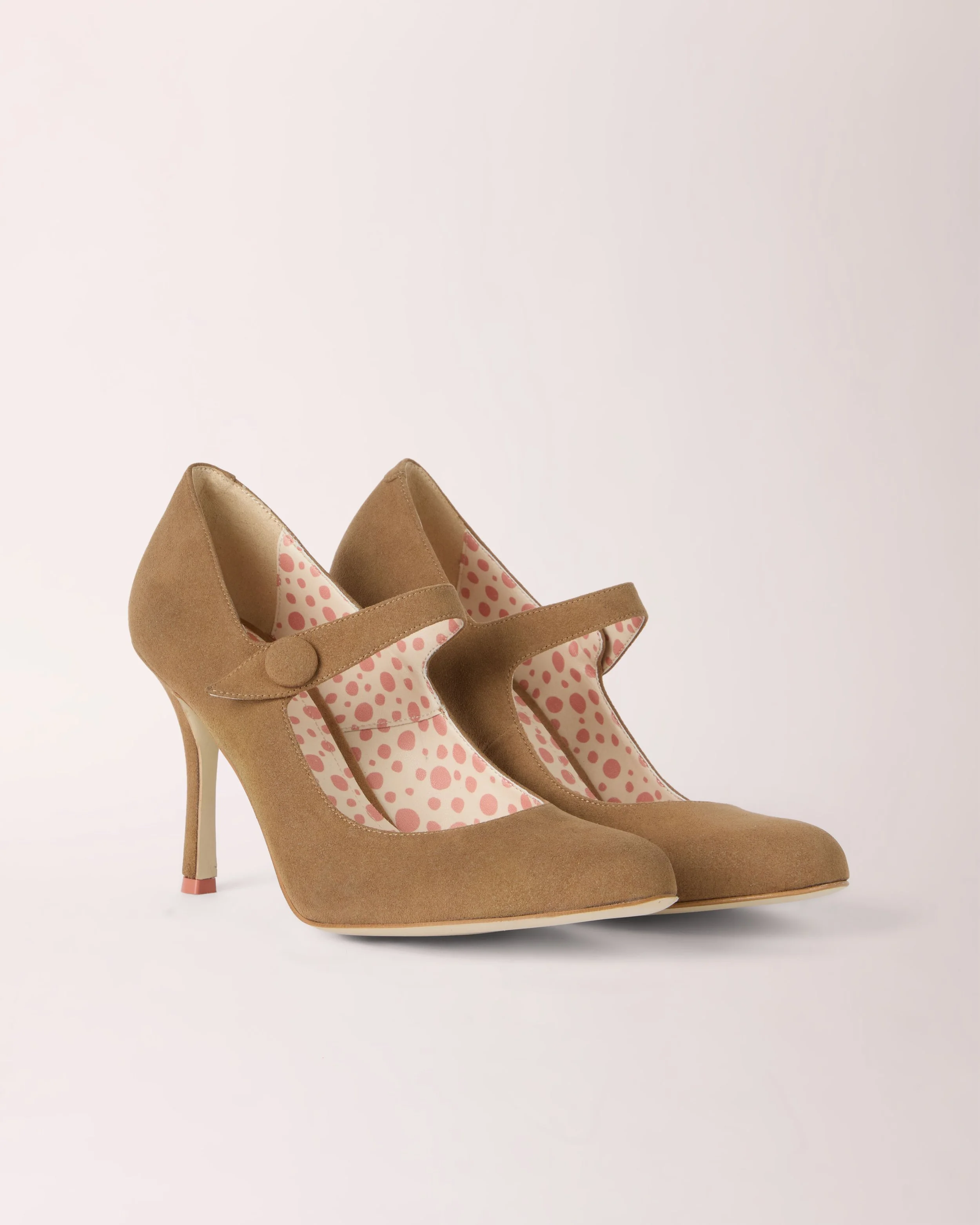 Mary-Jane Cheeletto in taupe suede, detail view — luxury handcrafted heels by Cheetah Stories