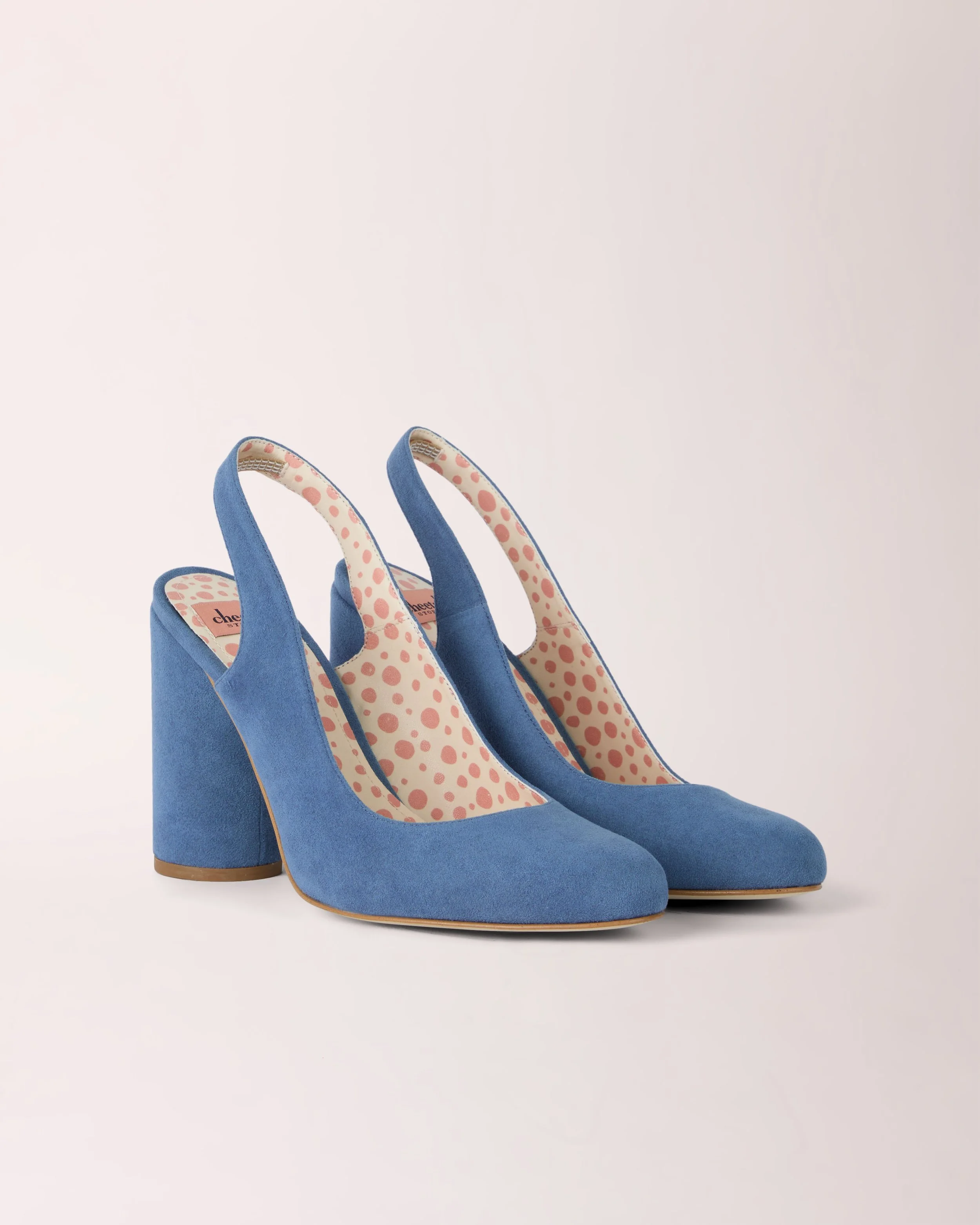 Sling-back Cheeletto in porcelain suede, front view — luxury handcrafted heels by Cheetah Stories