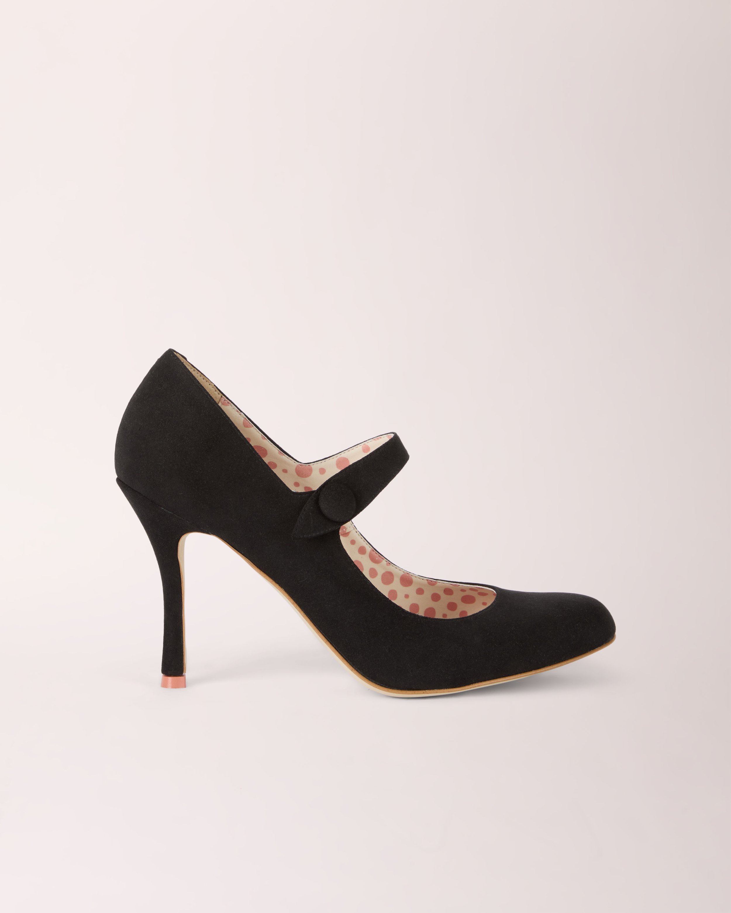 Mary-Jane Cheeletto in black suede, side view — luxury handcrafted heels by Cheetah Stories