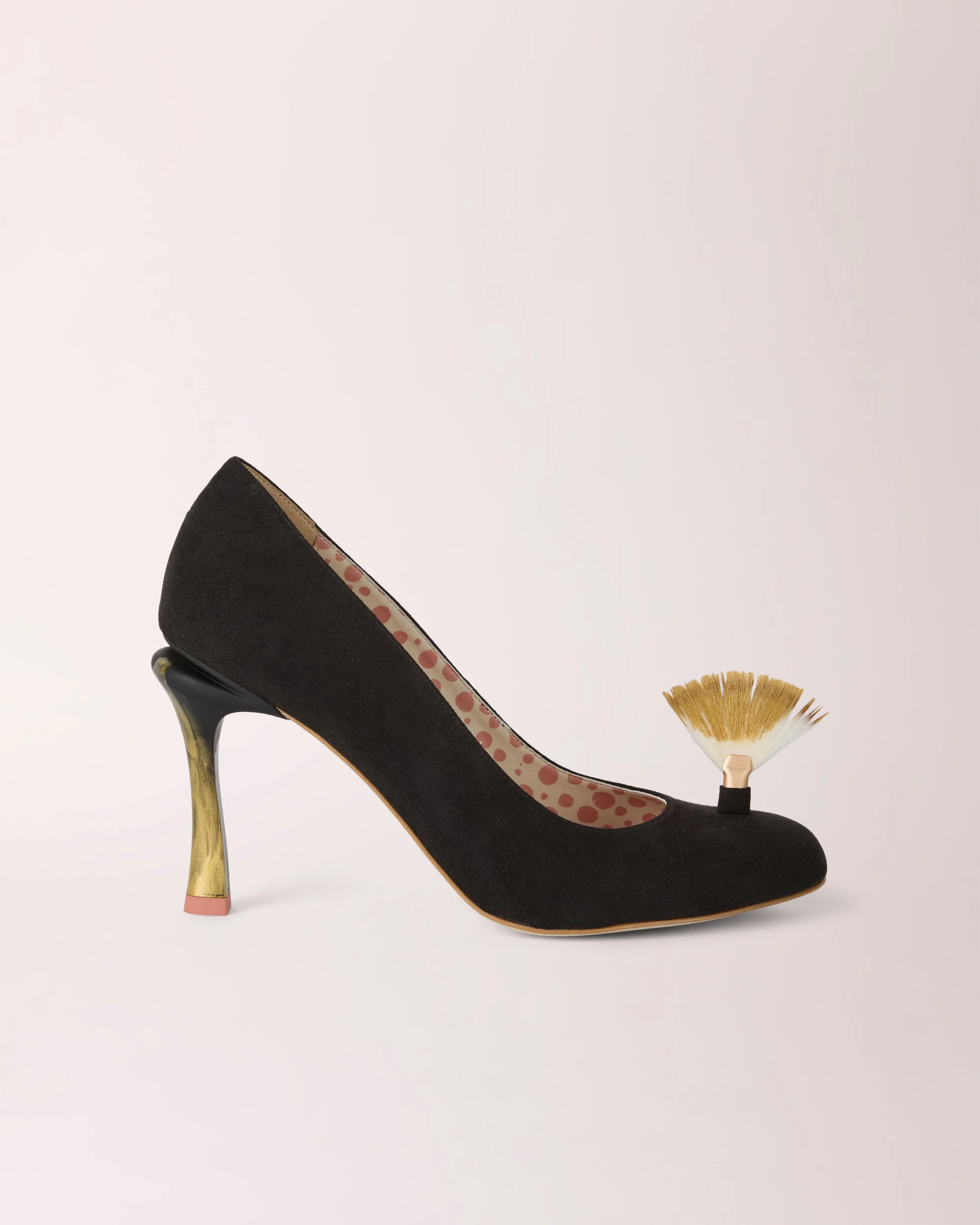 Mohawk Cheeletto in black with gold fan detail, side view — luxury handcrafted heels by Cheetah Stories