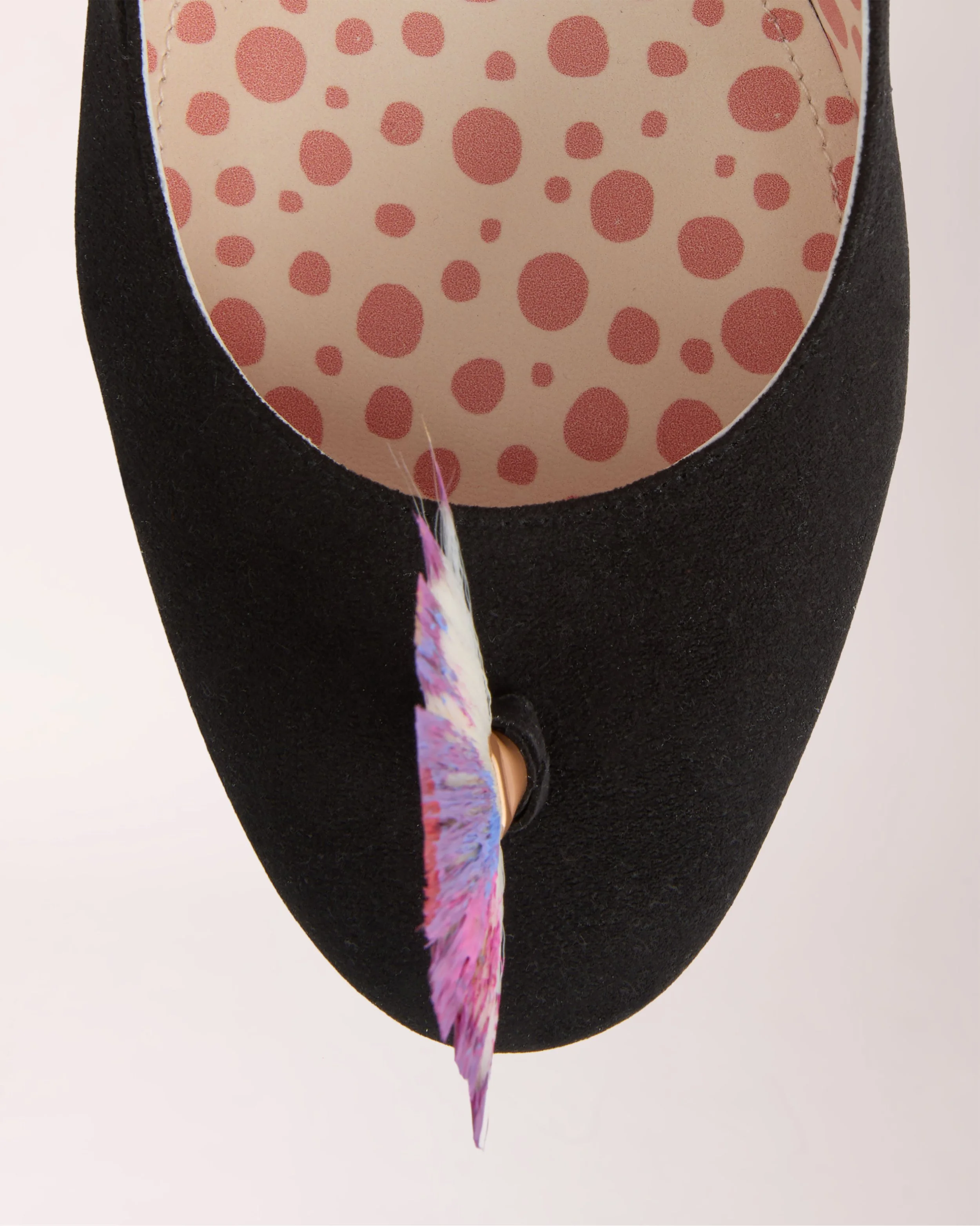 Mohawk Cheeletto in black with purple fan detail, detail view — luxury handcrafted heels by Cheetah Stories