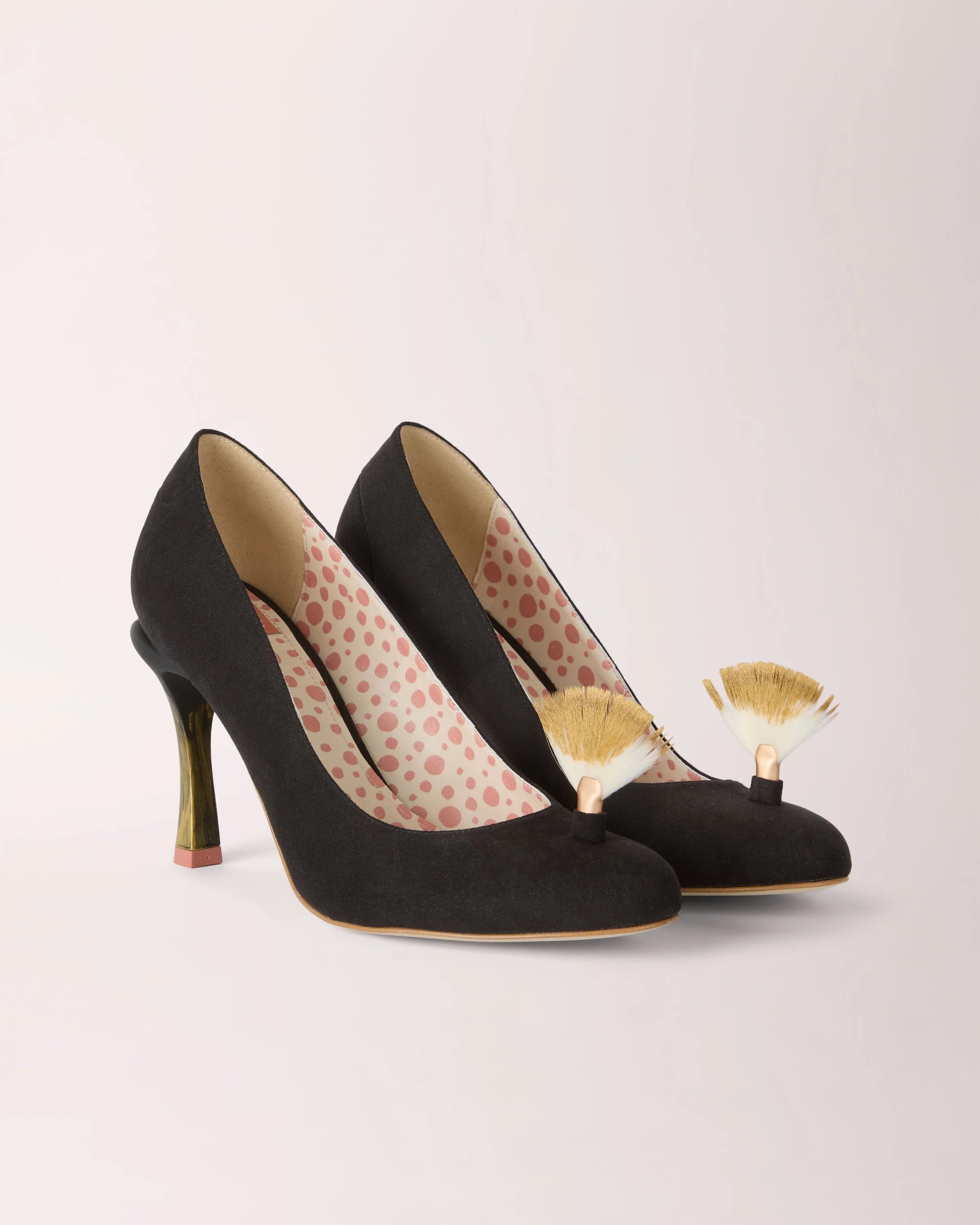 Mohawk Cheeletto in black with gold fan detail, front view — luxury handcrafted heels by Cheetah Stories