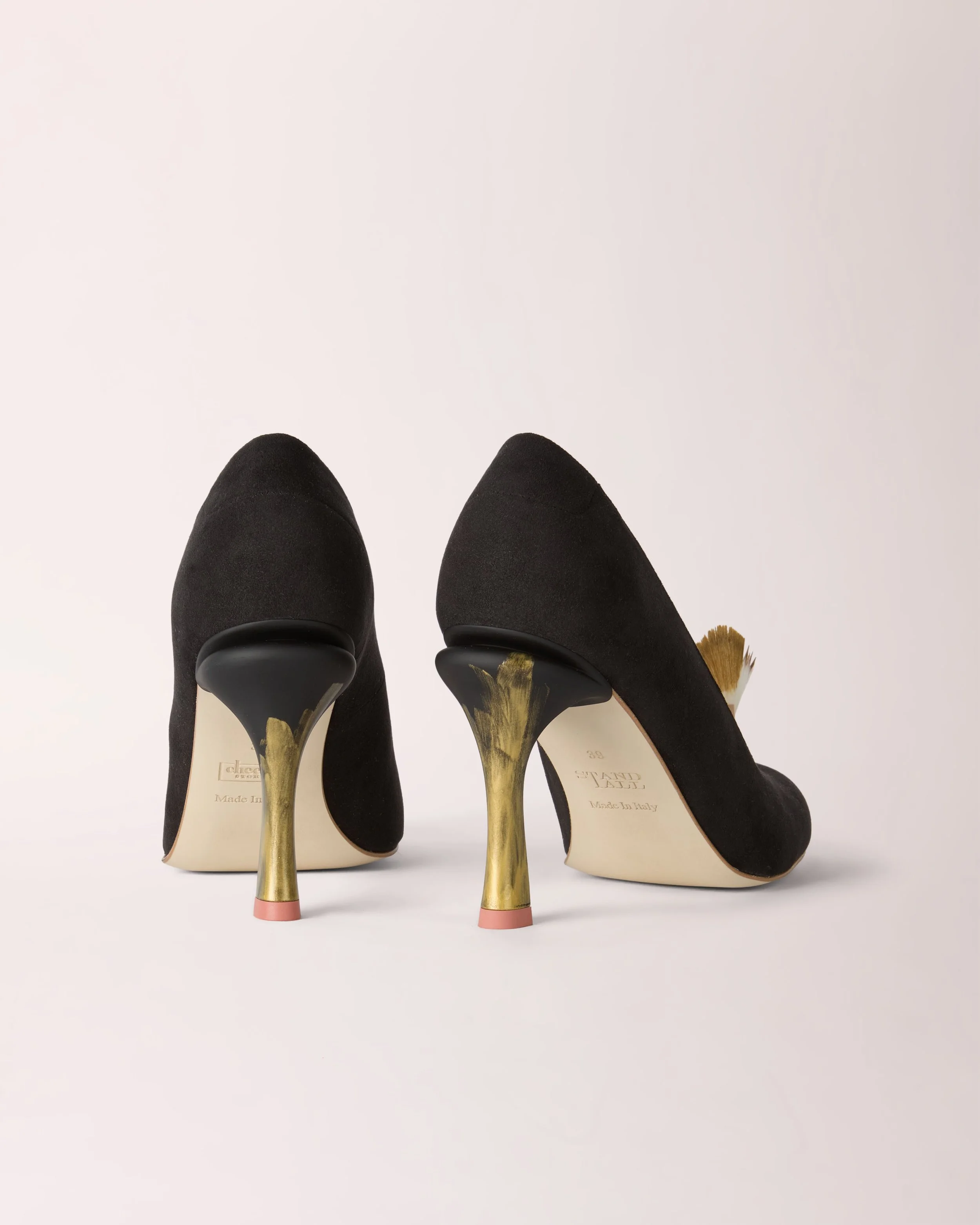 Mohawk Cheeletto in black with gold fan detail, back view — luxury handcrafted heels by Cheetah Stories