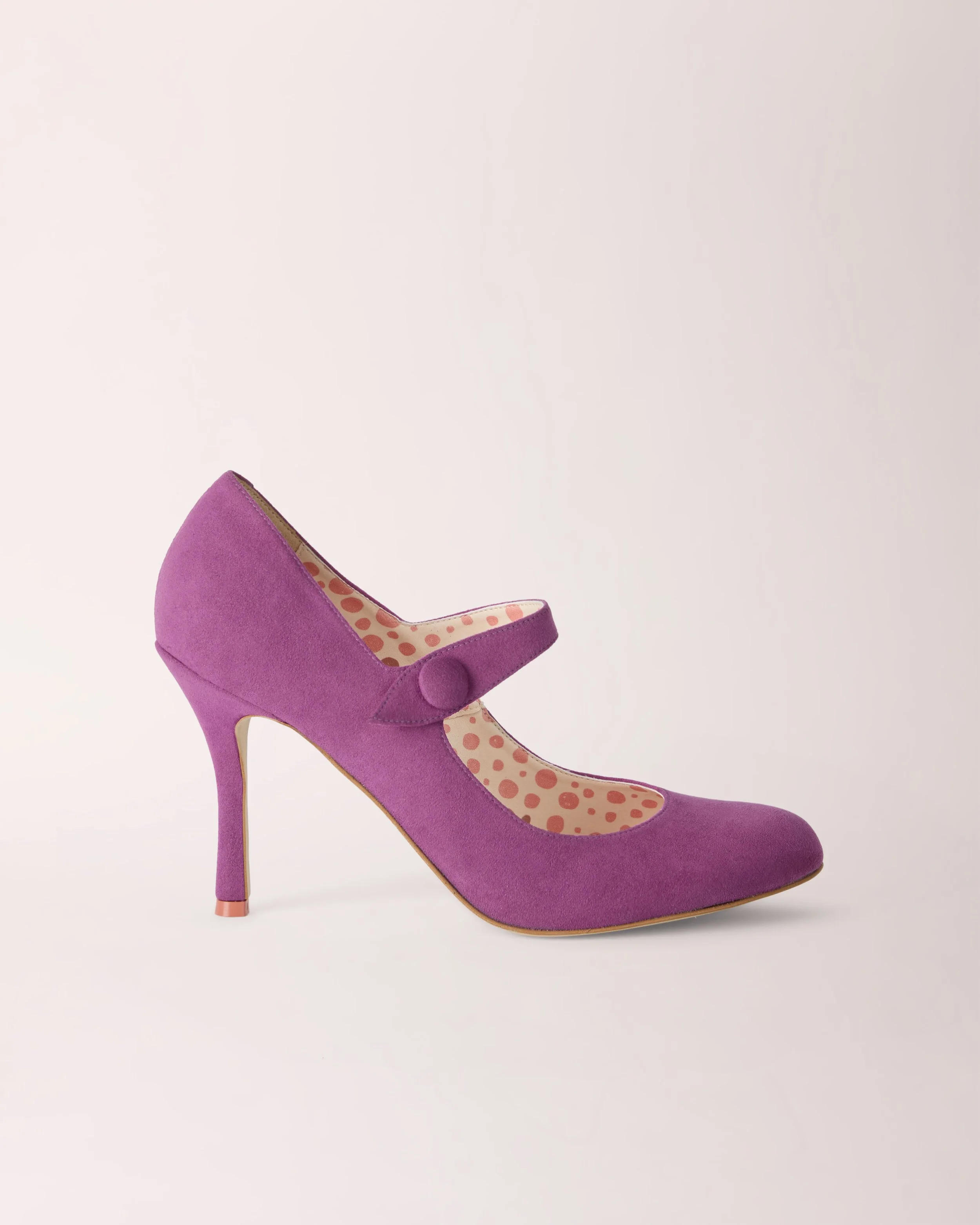 Mary-Jane Cheeletto in purple suede — vegan stiletto heel with ankle strap, handcrafted in Italy