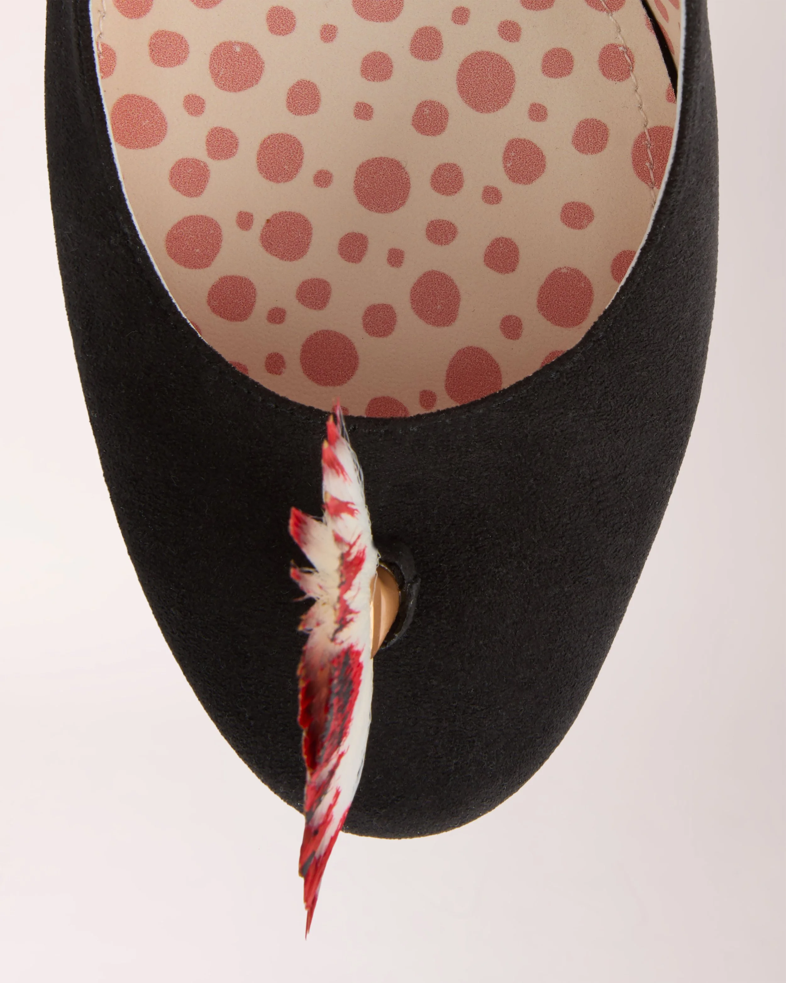 Mohawk Cheeletto in black with red fan detail, detail view — luxury handcrafted heels by Cheetah Stories
