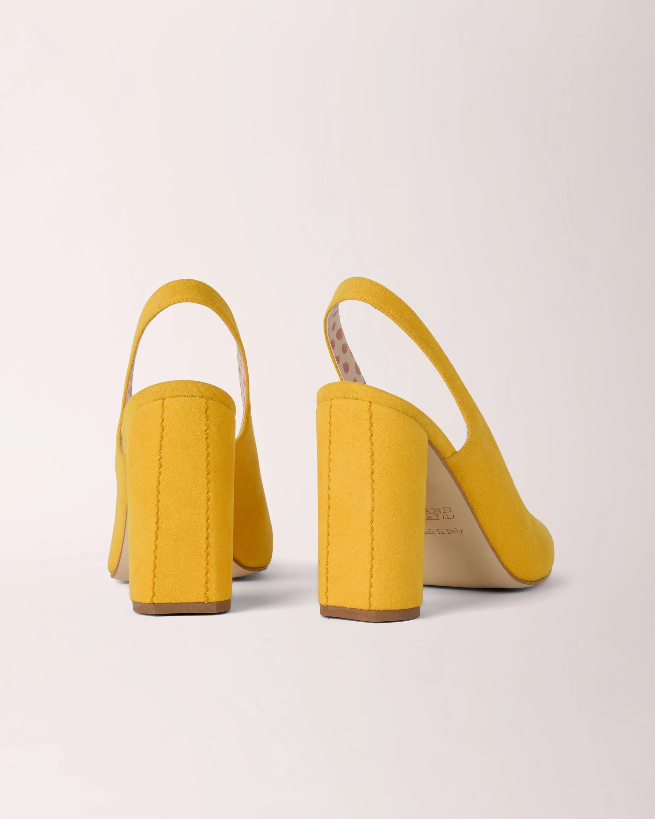 Sling-back Cheeletto in yellow suede, back view — luxury handcrafted heels by Cheetah Stories