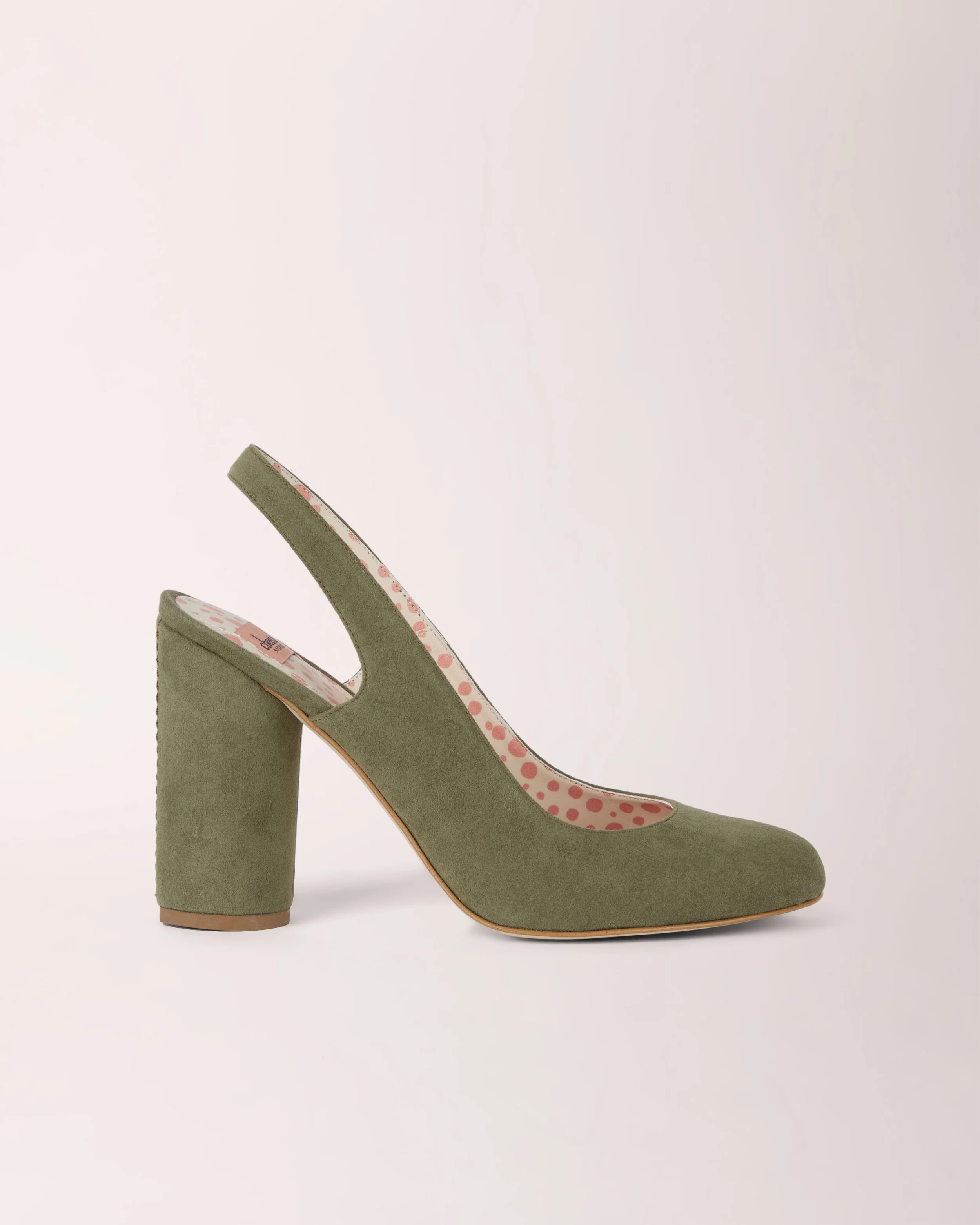 Sling-back Cheeletto in lizard green suede, side view — luxury handcrafted heels by Cheetah Stories
