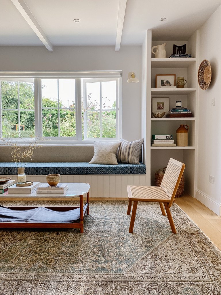 Living room with curated collection of artisan cushions