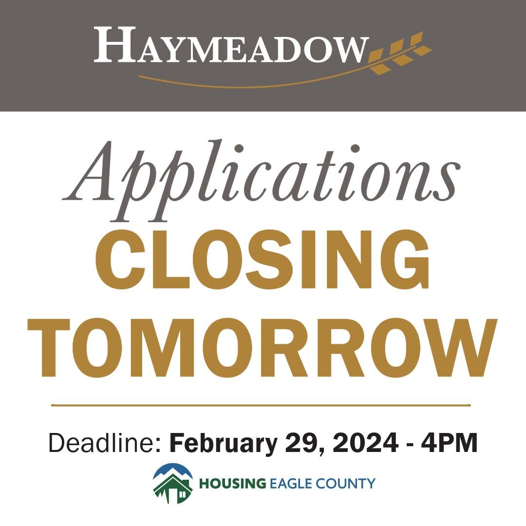 Last call for Haymeadow!

Tomorrow is your final chance to apply for one of our 43 deed-restricted, two-bedroom condos in Eagle! Don't miss out on the opportunity to secure your future home at below-market rates. Act fast, the application window clos