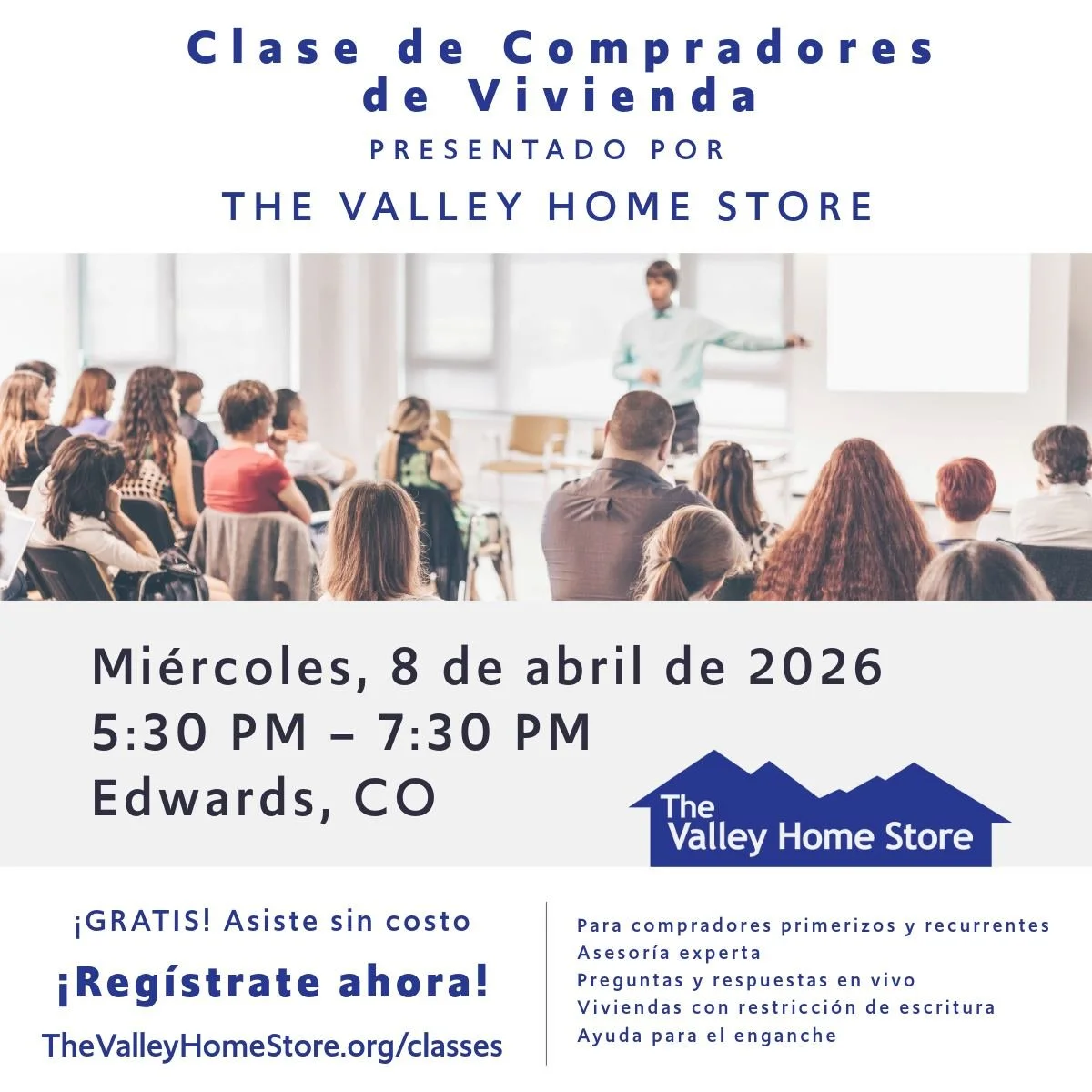 🏠 &iquest;Listo para abrir la puerta de su nueva casa?

&iexcl;Acomp&aacute;&ntilde;enos a una clase GRATUITA para compradores de vivienda en espa&ntilde;ol el 8 de abril con The Valley Home Store! Aprenda sobre el mercado local, propiedades con esc