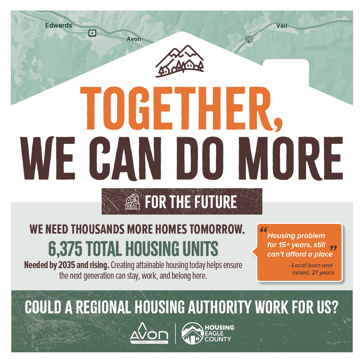 What will Eagle County look like in 10 years? 🏔️✨

To keep the next generation here, we need over 6,300 more housing units. We&rsquo;ve proven that regional collaboration works, now we want to know how a Regional Housing Authority can best serve you