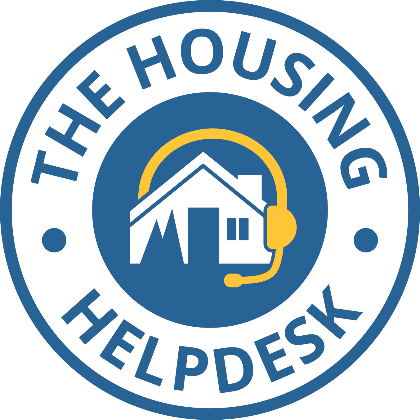 A circular logo for The Housing Helpdesk with a house wearing a yellow headset in the center.