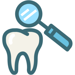 Tooth with a magnifying glass showing dental examination or inspection.