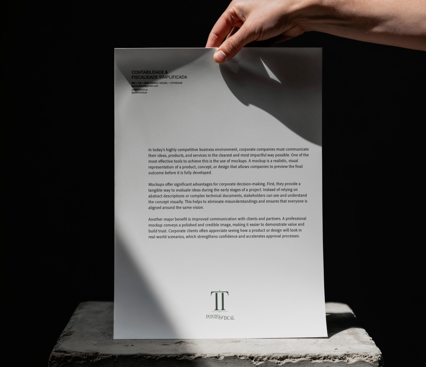Pontto Fiscal minimalist letterhead design featuring black typography, a dark green TT monogram, and elegant corporate branding on white paper, held against a black background. Designed by Out of Form Studio.