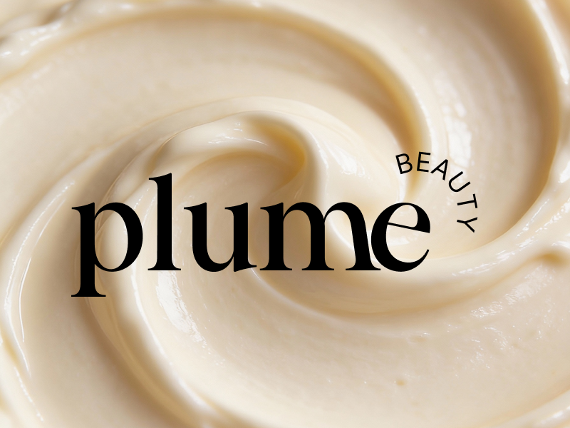 Plume Beauty logo featuring an elegant black serif wordmark and curved BEAUTY typography over a close-up of a rich, creamy skincare texture in warm ivory tones.