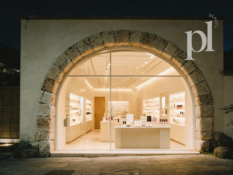 Plume Beauty brand identity applied to an elegant beauty boutique storefront, featuring an illuminated minimalist interior, stone archway and refined PL monogram designed by Out of Form Studio.