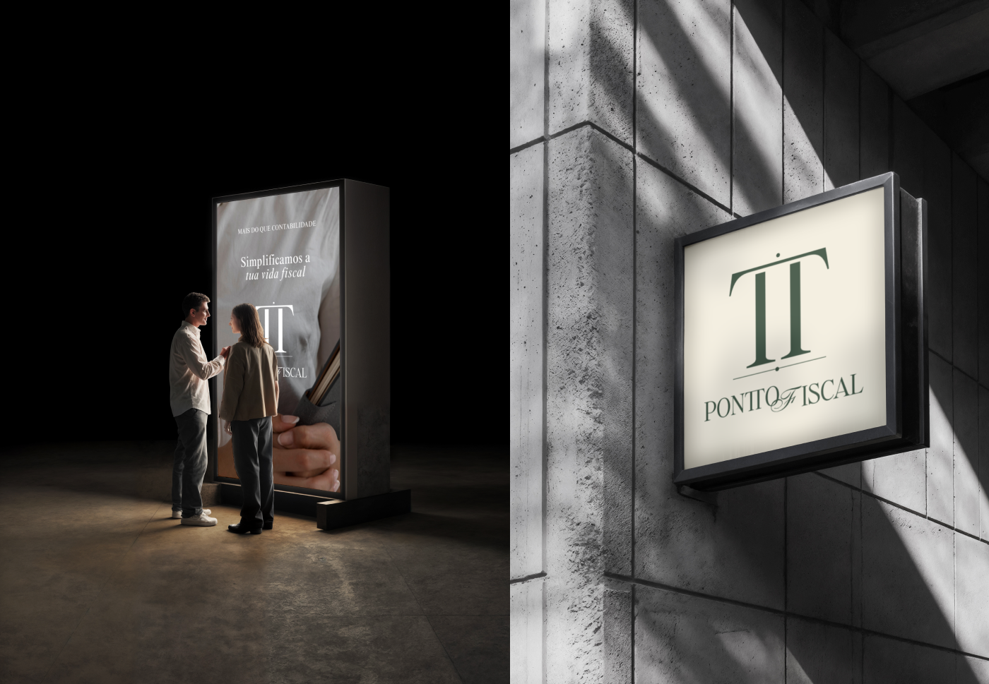 Pontto Fiscal outdoor branding featuring an illuminated advertising billboard with the message “Simplificamos a tua vida fiscal” and a wall-mounted sign displaying the dark green TT monogram and elegant logotype. Brand identity by Out of Form Studio.