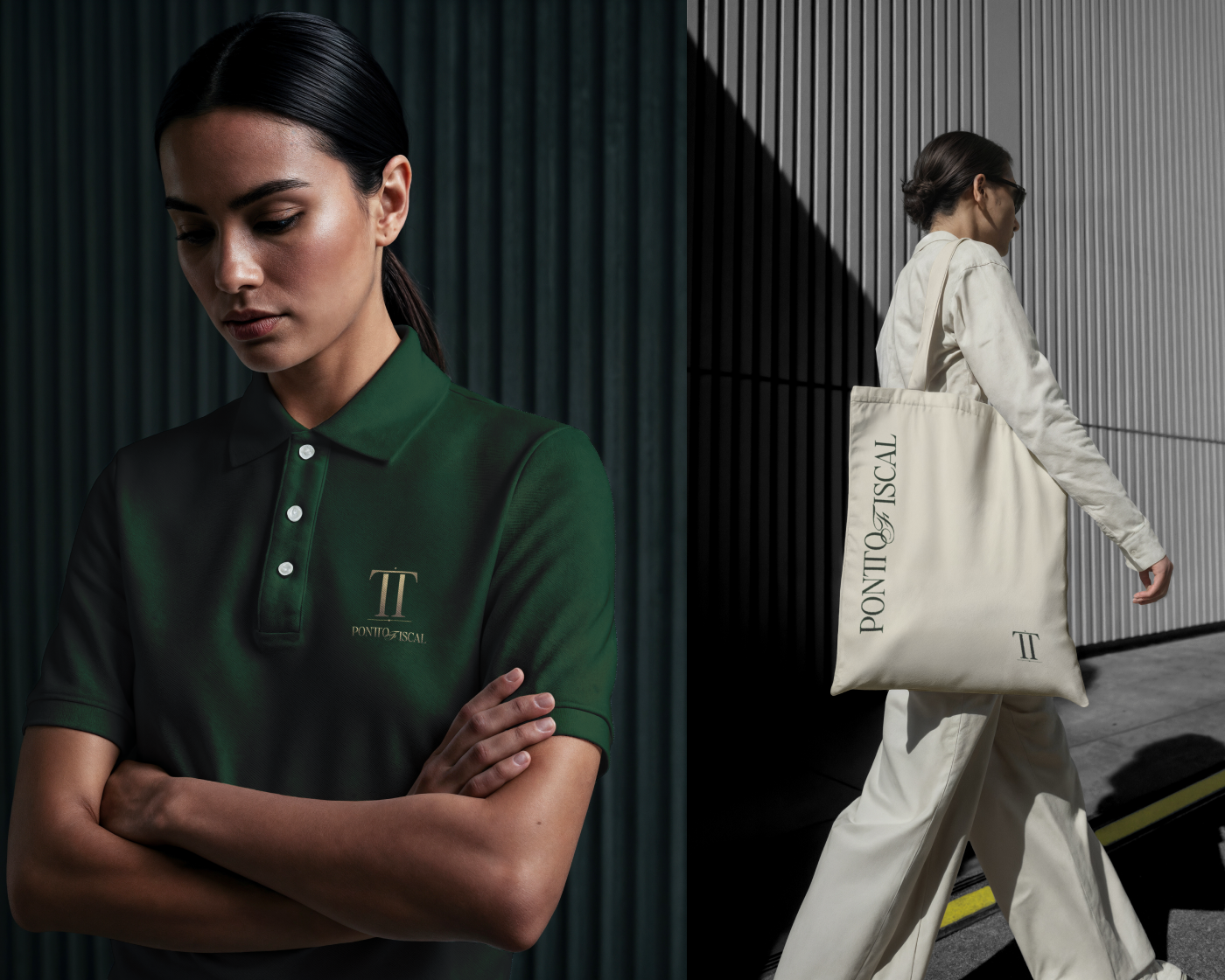 Pontto Fiscal branded apparel and merchandise featuring a dark green polo shirt with a gold TT monogram and a cream canvas tote bag with the brand logotype. Visual identity by Out of Form Studio.
