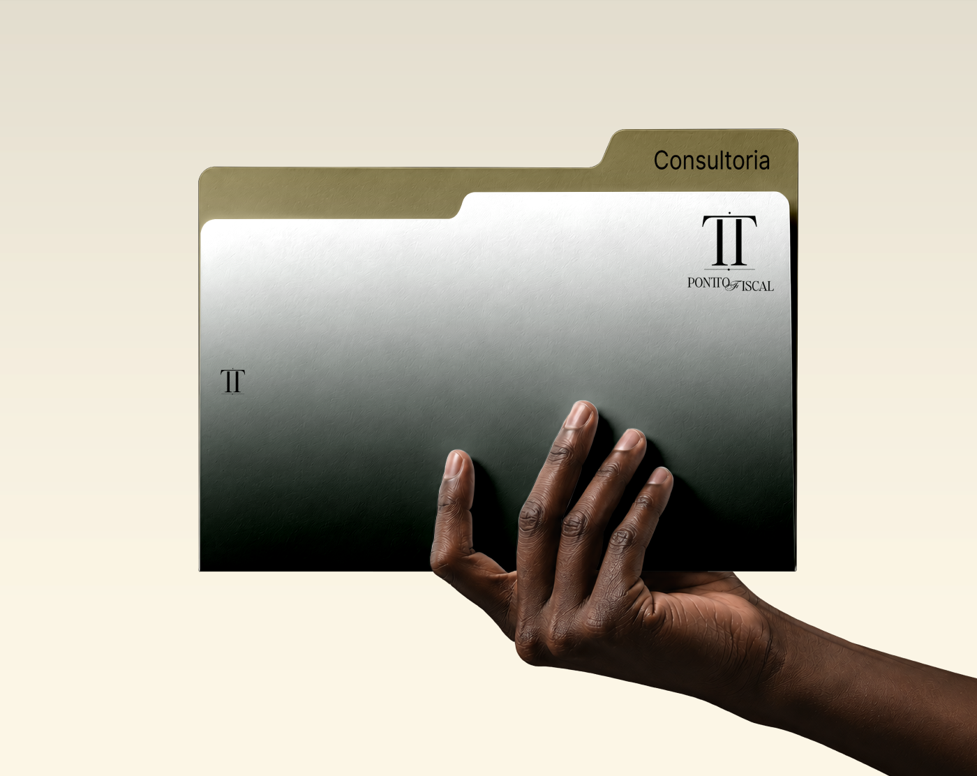 Pontto Fiscal branded document folder featuring a green gradient, elegant TT monogram, and minimalist typography, held against a cream background. Visual identity designed by Out of Form Studio.