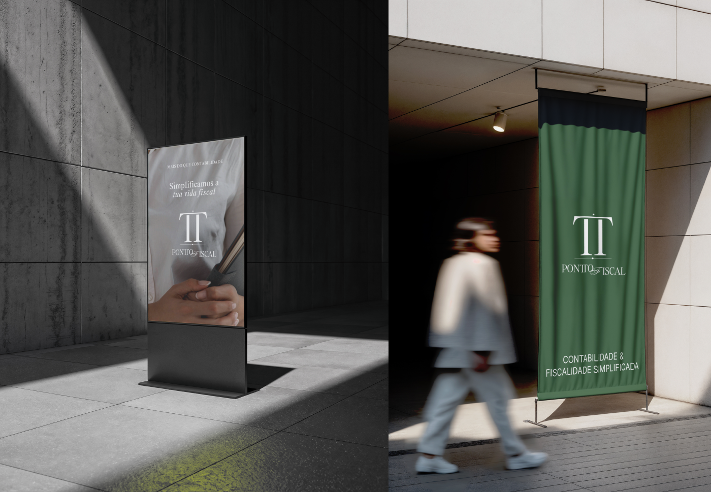 Pontto Fiscal outdoor branding featuring a freestanding advertising display and a dark green promotional banner with the TT monogram, elegant typography, and accounting brand messaging. Visual identity by Out of Form Studio.