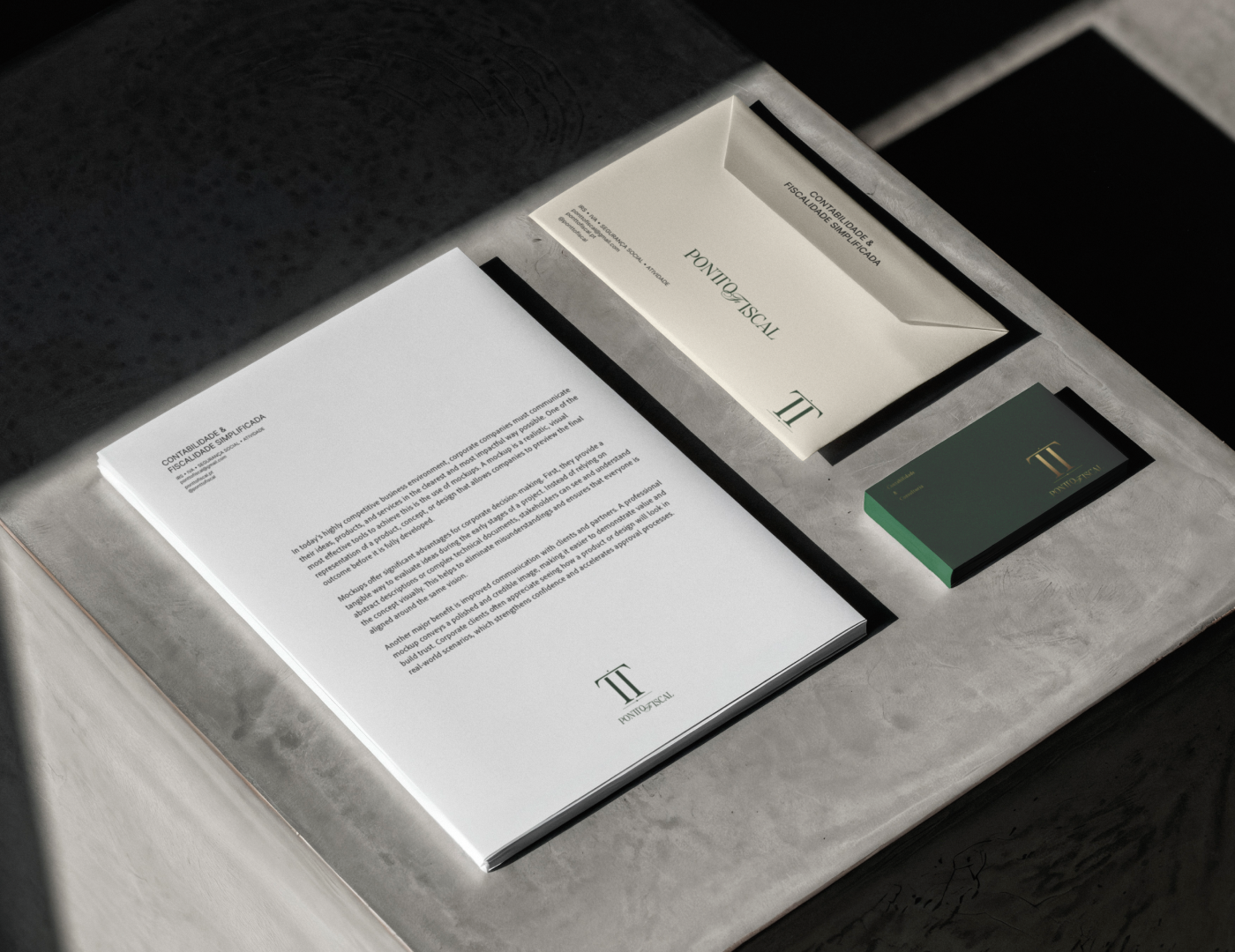 Pontto Fiscal corporate stationery branding featuring minimalist letterhead, branded envelopes, and dark green business cards with gold detailing, designed by Out of Form Studio.