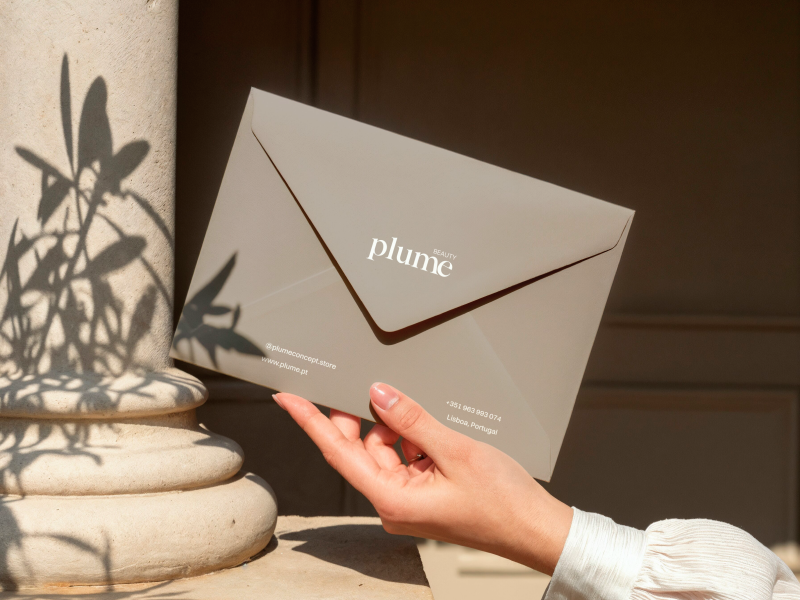 Plume Beauty branded envelope in warm taupe with a white serif logo and minimalist contact details, held by a hand beside a stone column with botanical shadows in natural sunlight.