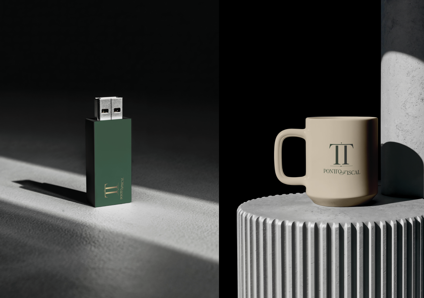 Pontto Fiscal branded merchandise featuring a dark green USB flash drive with gold logo detailing and a cream ceramic mug with the TT monogram, showcasing the visual identity designed by Out of Form Studio.