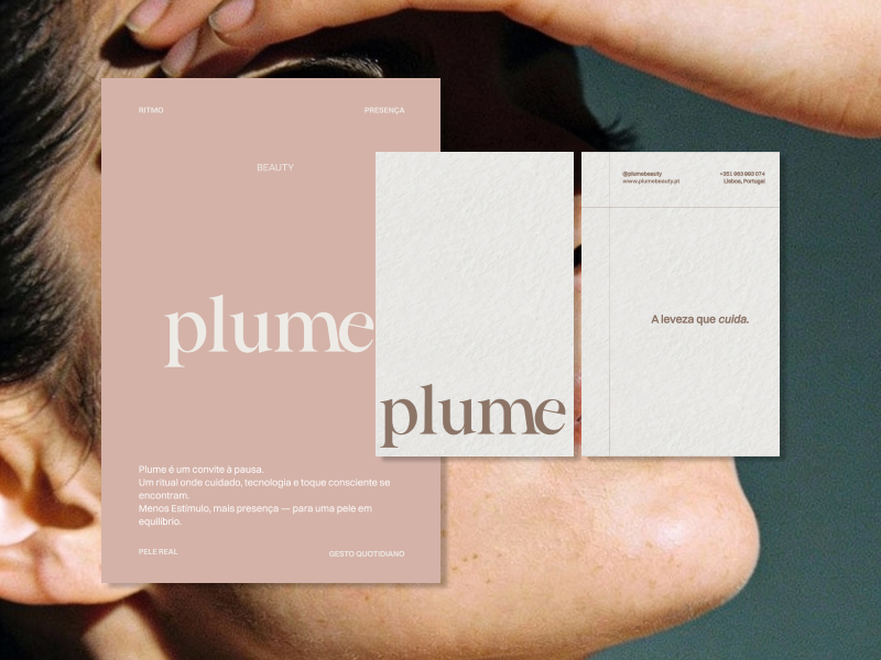 Plume Beauty visual identity showcased through blush pink and textured white stationery designs, featuring elegant serif typography and minimalist editorial layouts over a close-up beauty photograph.