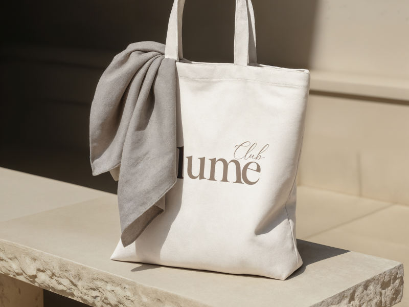 Ivory canvas tote bag featuring the Plume Club logo in elegant brown serif and script typography, with a soft grey fabric draped over the handle, photographed in warm natural light.